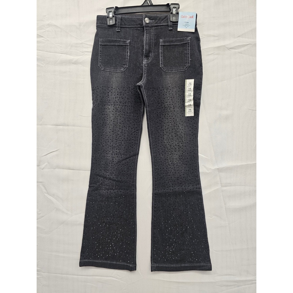 Cat & Jack Girls High Rise Flare Jeans Black Rhinestone Adjustable Waist Size 12